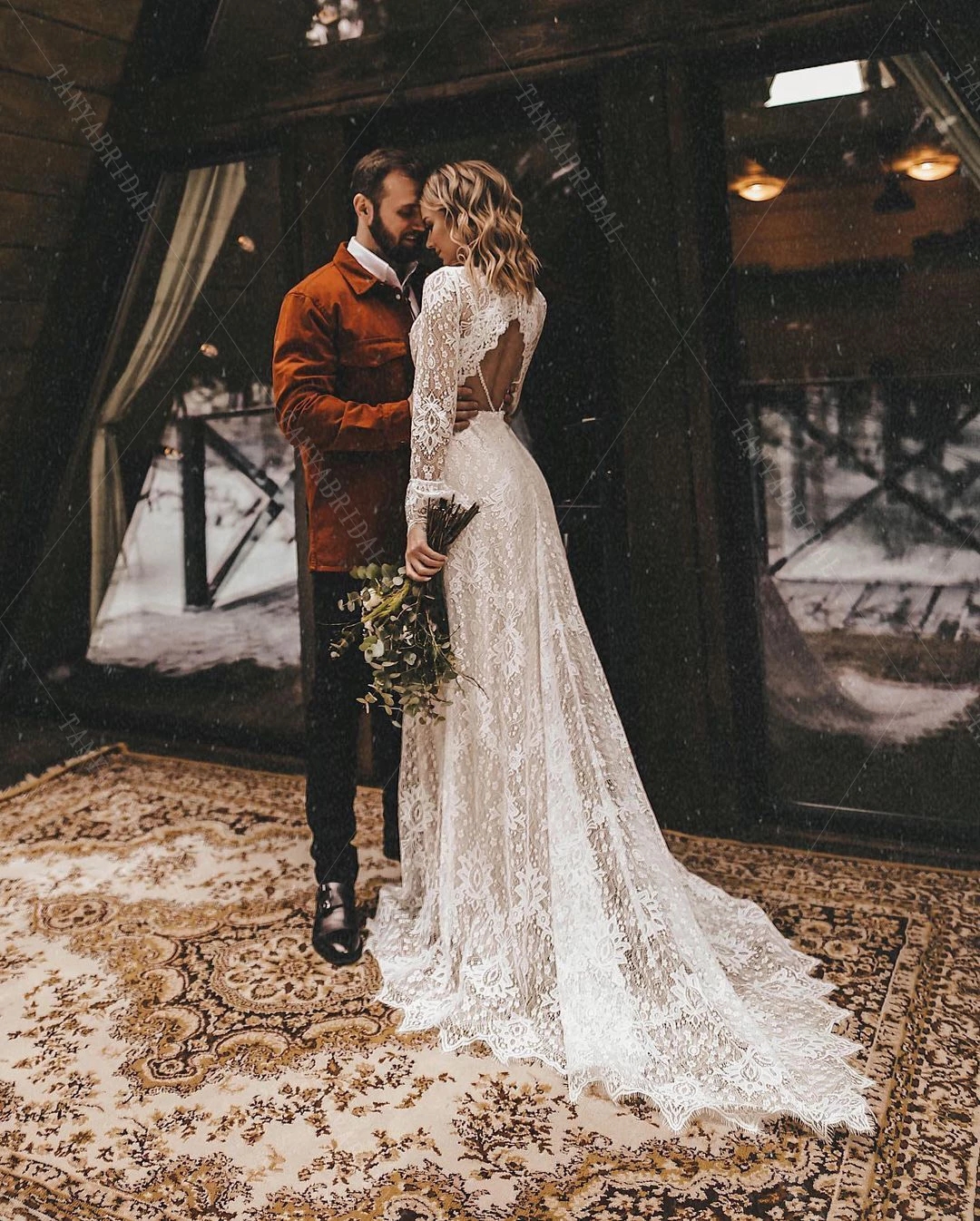 Bohemian beach Lace Wedding Dresses Long Sleeve western country cowgirl Bridal Gowns V-Neck Fashion Vestido De Noivas