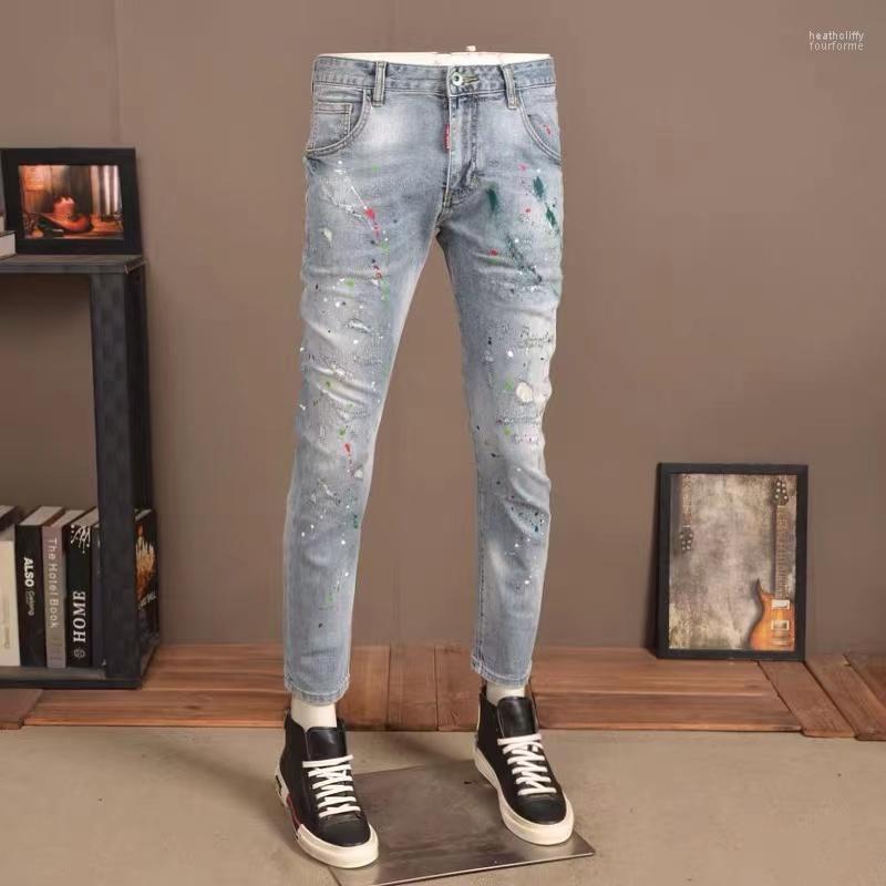 Men's Jeans Autumn Ripped Slim Small Feet Elastic Personality Spray Paint Scratched Patch Light-colored Pants Heat22, Blue
Men's Jeans Autumn Ripped Slim Small Feet Elastic Personality Spray Paint Scratched Patch Light-colored Pants Heat22, Blue