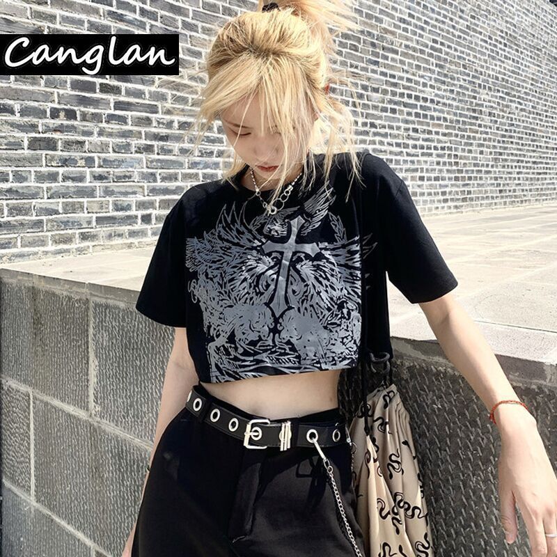 Gothic Style Crop Top T Shirt for Women Fashion Clothing Grunge Tshirt Summer Harajuku Tee Croptop Goth Emo Alt Clothes Dropship 220328