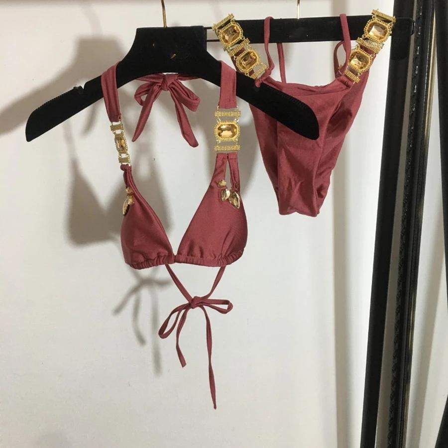 Mix 3 Colors Bikini Diamond Swimsuit Crystal Women Swimwear Bandage Halter Bikinis Set Brazilian Rhinestone Beachwear Push Up Bikini