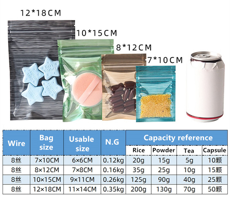 100pcs One Side Clear Drawing Aluminum Foil Zip Lock Bag Resealable Translucent Coffee Powder Gifts Trinkets Jewelry Cosmetics Packaging Pouches
