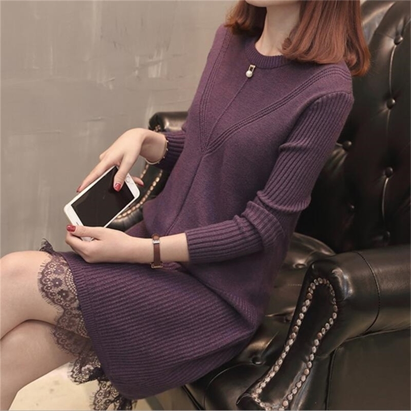 Korean Winter Sweater Dress 4 Colors Casual Stripe Knitted Dress Fish Tail Woman Sweater Dress Women 201224