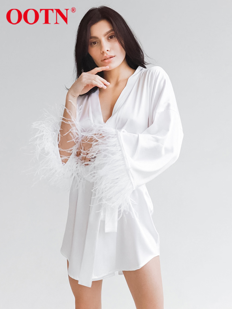 OOTN Feathers Spliced Satin Dress Belt Sexy Robe Party Night Silky Dresses Women Long Sleeve Summer Soft Cozy Home Black Dress 220511