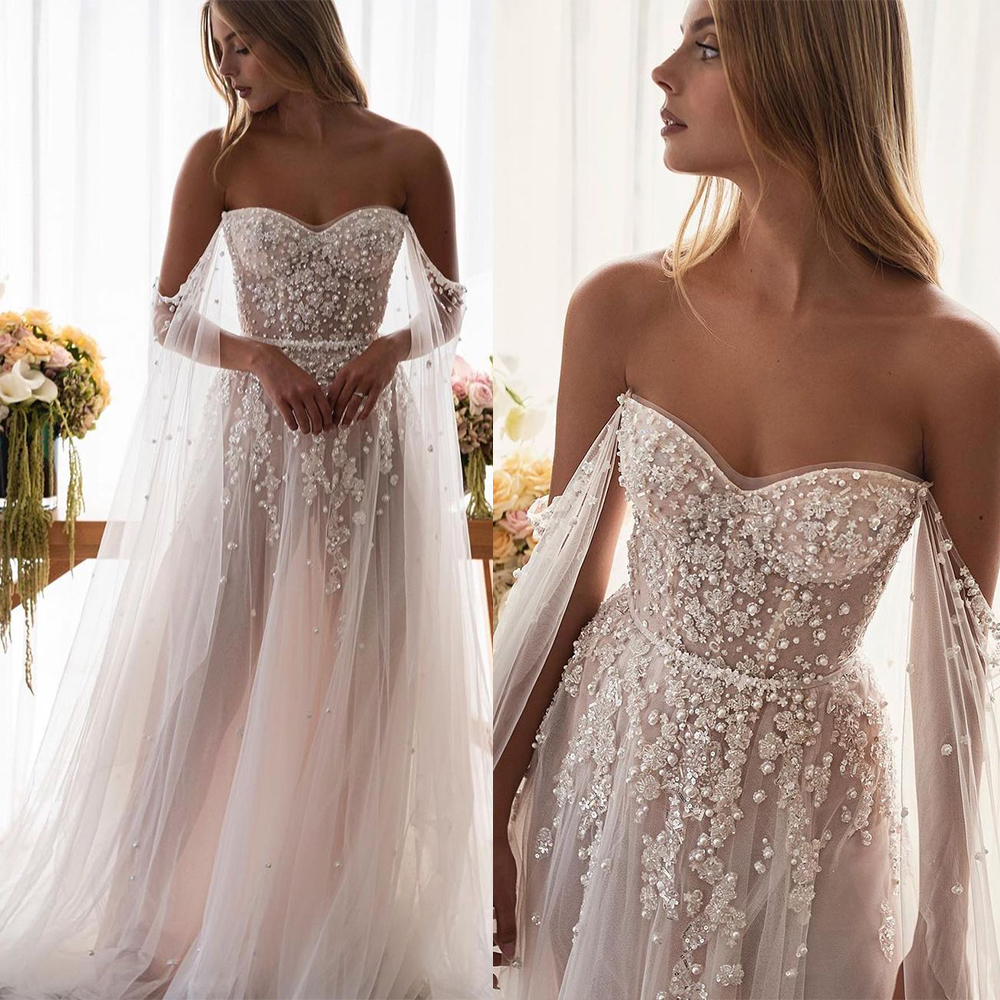 Sheath Wedding Dresses Off Shoulder Lace Applique Sequins Strapless High Waist Sweetheart Neck Sweep Train Sleeveless Summer Beach Wedding Dress robes