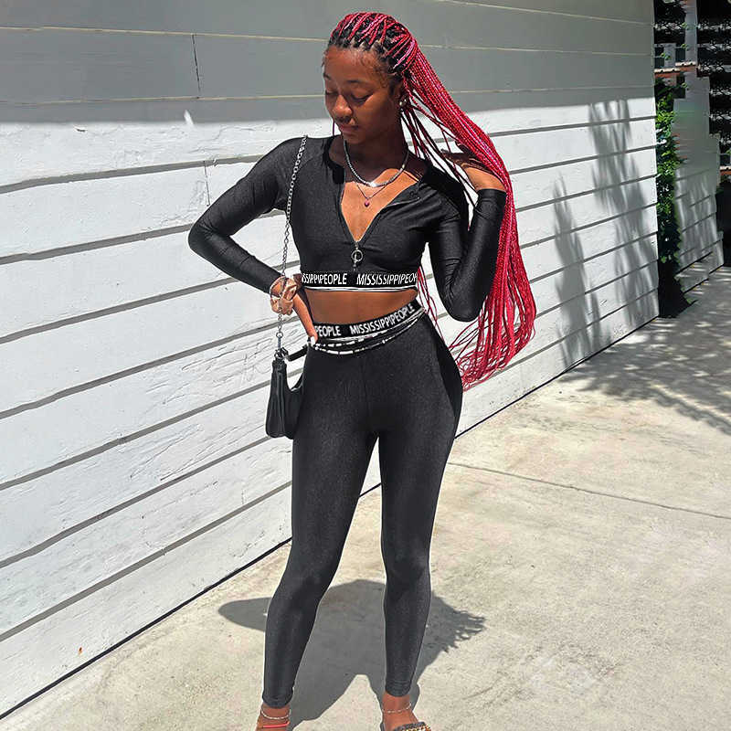 women's Autumn and winter new slim fitting zipper letter printing navel exposed long sleeve pants casual suit