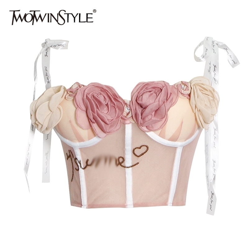 TWOTWINSTYLE Sexy Floral Accessories Patchwork Vests For Women Slim Colorblock Lace Up Sling Sleeveless Short Tops Female 220316