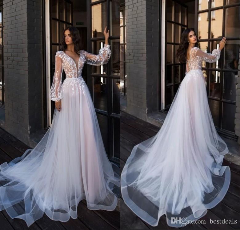 Sheath Wedding Dresses Sequins Long Sleeve Tulle Lace Sexy V Neck Floor Length Plus Size Custom Made Simple And Stylish