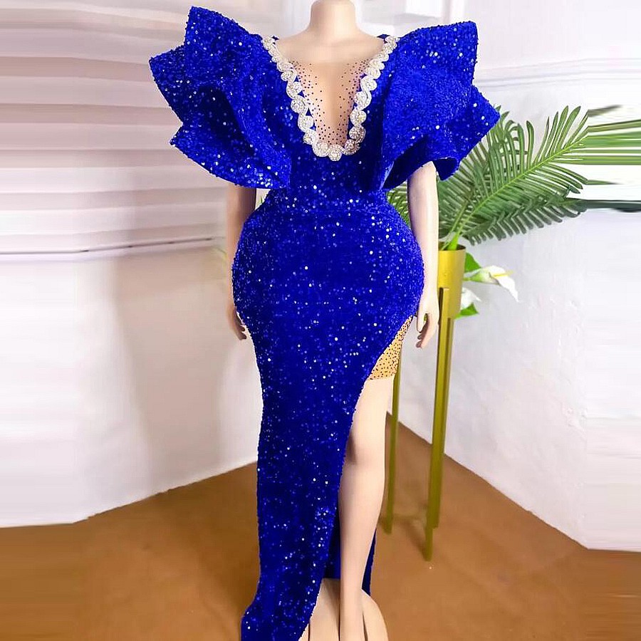 Royal Blue Sequined Prom Dresses With Tiered Ruffles Sleeves Mermaid Evening Dress Sheer Neck Side Split Girls Birthday Gowns, Dark navy
Royal Blue Sequined Prom Dresses With Tiered Ruffles Sleeves Mermaid Evening Dress Sheer Neck Side Split Girls Birthday Gowns, Dark navy