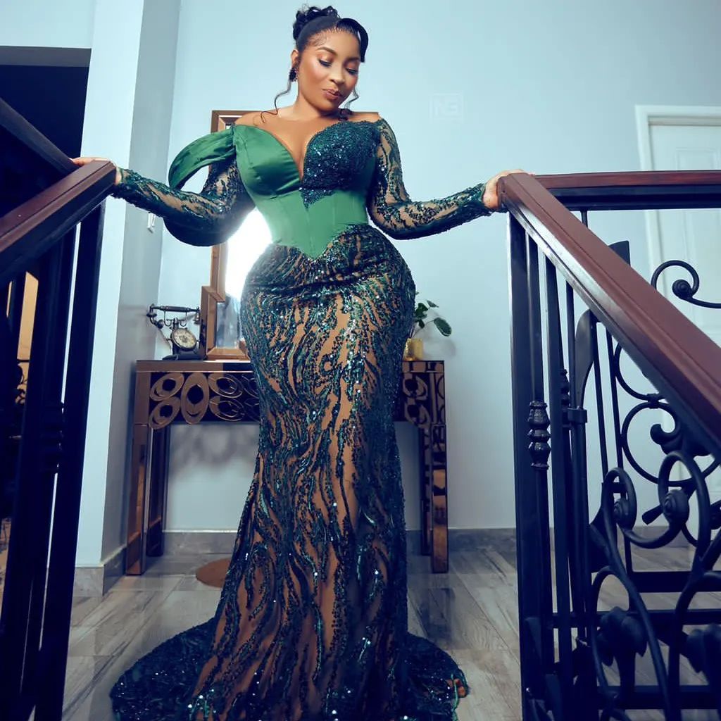 2022 Plus Size Arabic Aso Ebi Dark Green Mermaid Prom Dresses Sheer Neck Evening Formal Party Second Reception Birthday Engagement Gowns Dress ZJ206