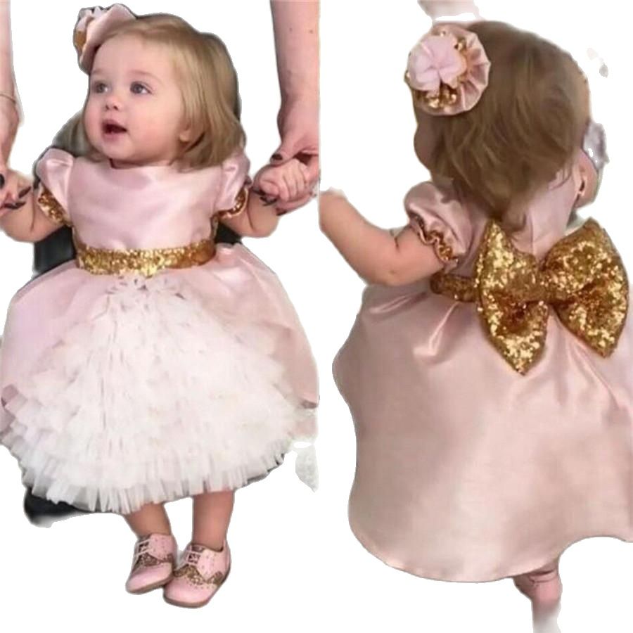 Beauty Pageant Gowns For Girls Pink Flower Girl Dresses Ball Gown Ruffles Tutu Communion Dresses Robe with Big Bow
