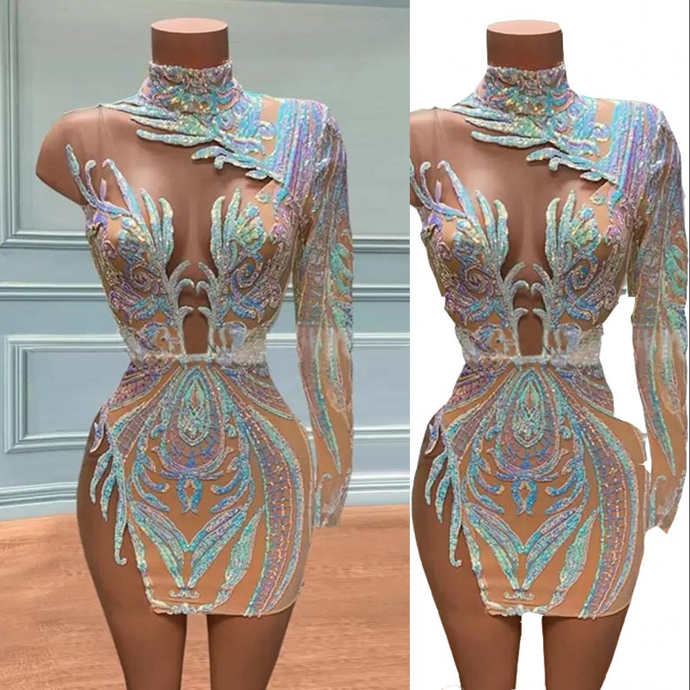 2022 Sparkly One Shoulder Sexy Lace Cocktail Homecoming Dresses Long Sleeve Sequined Short Mini Sheath High Neck African Black Girl Party Prom Graduation Dress, Same as picture 
2022 Sparkly One Shoulder Sexy Lace Cocktail Homecoming Dresses Long Sleeve Sequined Short Mini Sheath High Neck African Black Girl Party Prom Graduation Dress, Same as picture