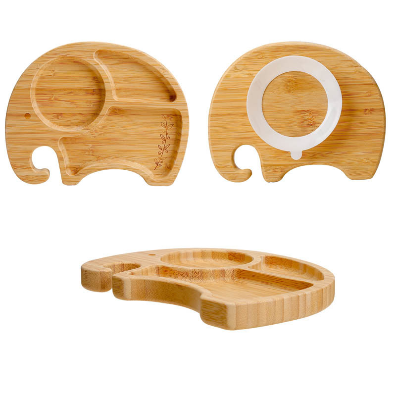 1PC Bamboo Wooden Dinnerware Baby Feeding Accessories Cartoon Animals Elephant Dinner Plate With Sucker Baby Products Gifts 220512