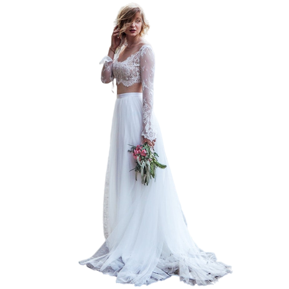 Bohemian A Line Wedding Dress Two Piece Long Sleeve Ivory Lace Tulle Beach Bridal Gowns Sheer Neck Country Boho Bride Dresses 2022 Robe De Mariage