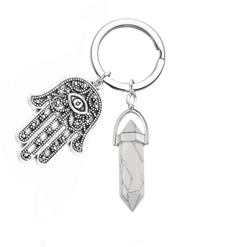 Natural Hexagonal Column Stone Keychain Key ring Fatima Evil Eye Palm Key Chain For Women Men