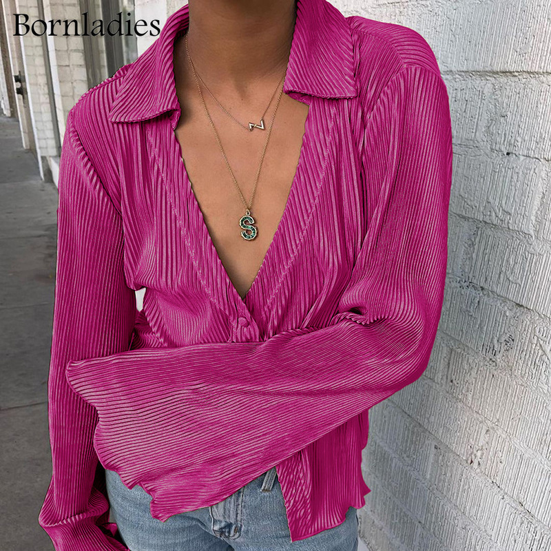 Bornladies Casual Ladies Office 2 Piece Sets Summer Women Outfit Long Sleeve Shirt And Loose Pants Green Pleated Suit Female 220315