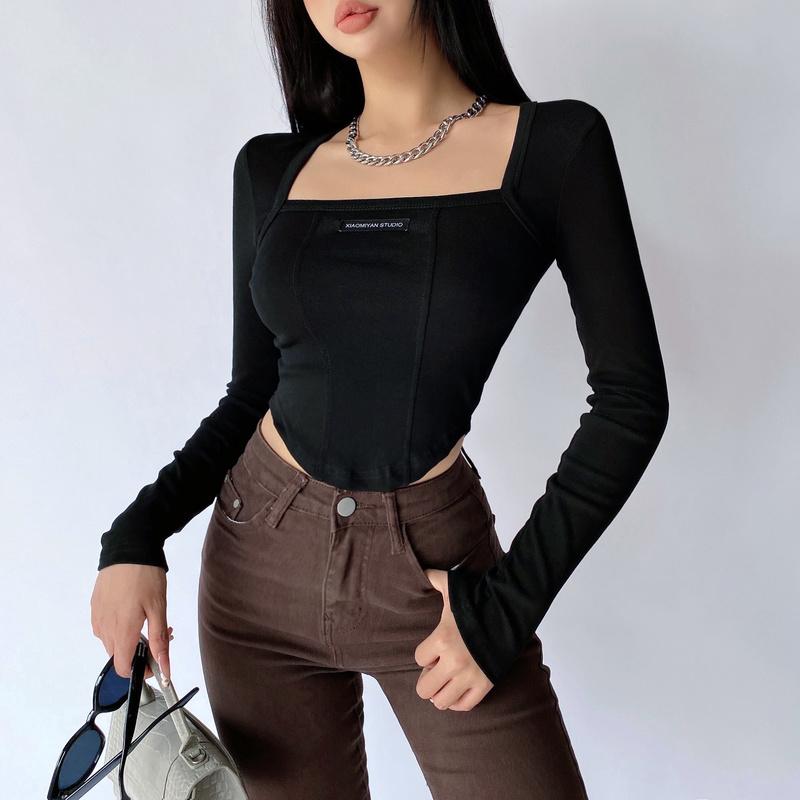 Women' T-Shirt Sexy Square Neck Label Collar Long Sleeve Female Slim Base Short Top Tees Tops Korean Women A1JIWomen, Black
Women' T-Shirt Sexy Square Neck Label Collar Long Sleeve Female Slim Base Short Top Tees Tops Korean Women A1JIWomen, Black