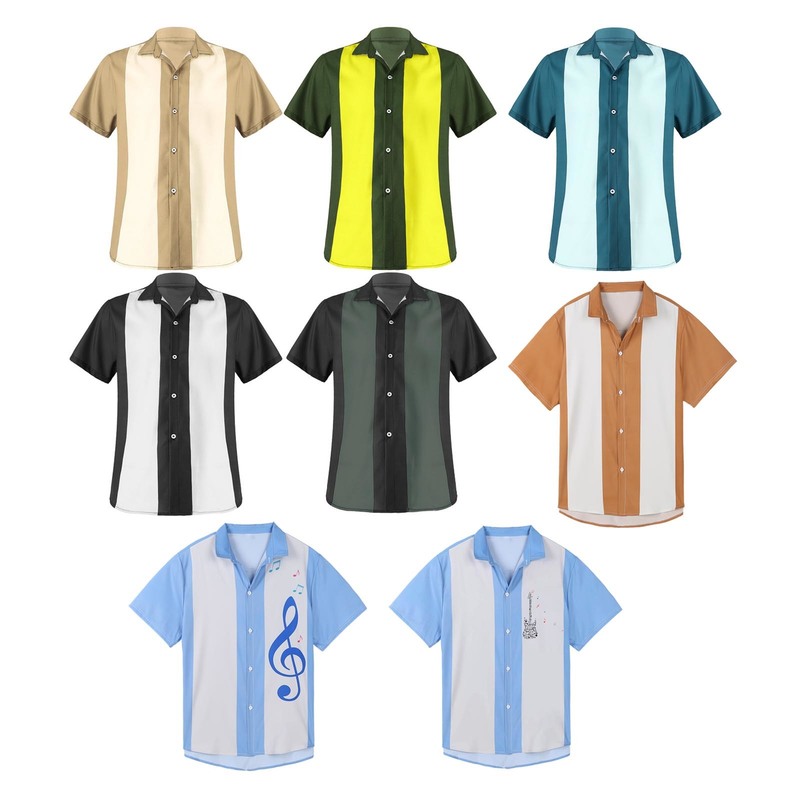 Mens Bowling Shirt Cuban Style Retro Short Sleeve Camp Button-Down Vintage Two Tone Striped Casual Dress 220322