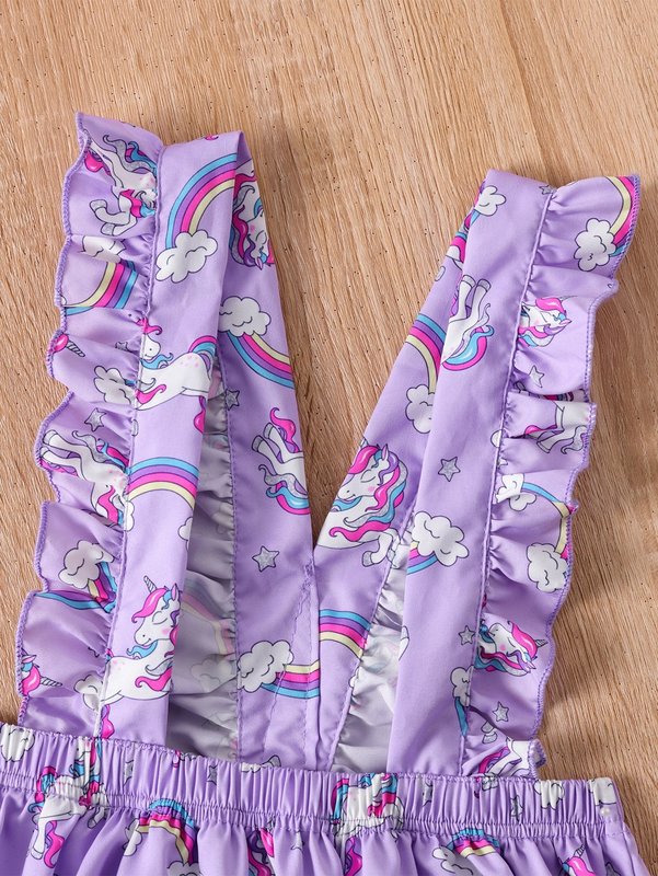 Toddler Girls Floral & Unicorn Print Tee & Ruffle Trim Pinafore Skirt SHE