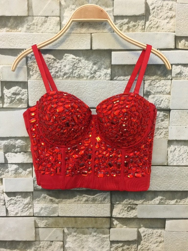Unique red Gaga Bustier Pearls Diamond Push Up Night Club Bralette Women's Bra Top Vest Plus Size w1172 220325