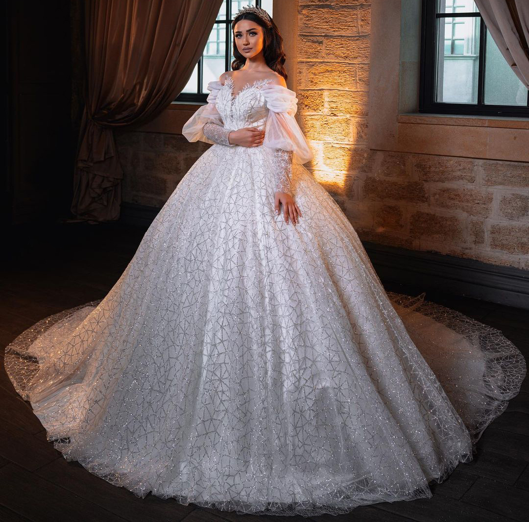 Luxury Bride Wedding Dress Off Shoulder Sequins Lace Long Sleeve Sexy Ball Gown Satin Bridal Custom Made wedding Dresses
