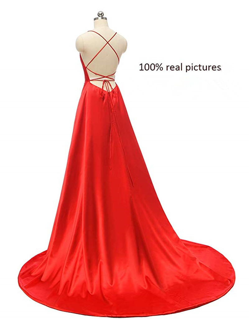 Simple Red Long Bridesmaid Dress Sexy Backless Criss Cross A Line Prom Evening Gowns Side Slit Satin Special Occasion Dresses For Women