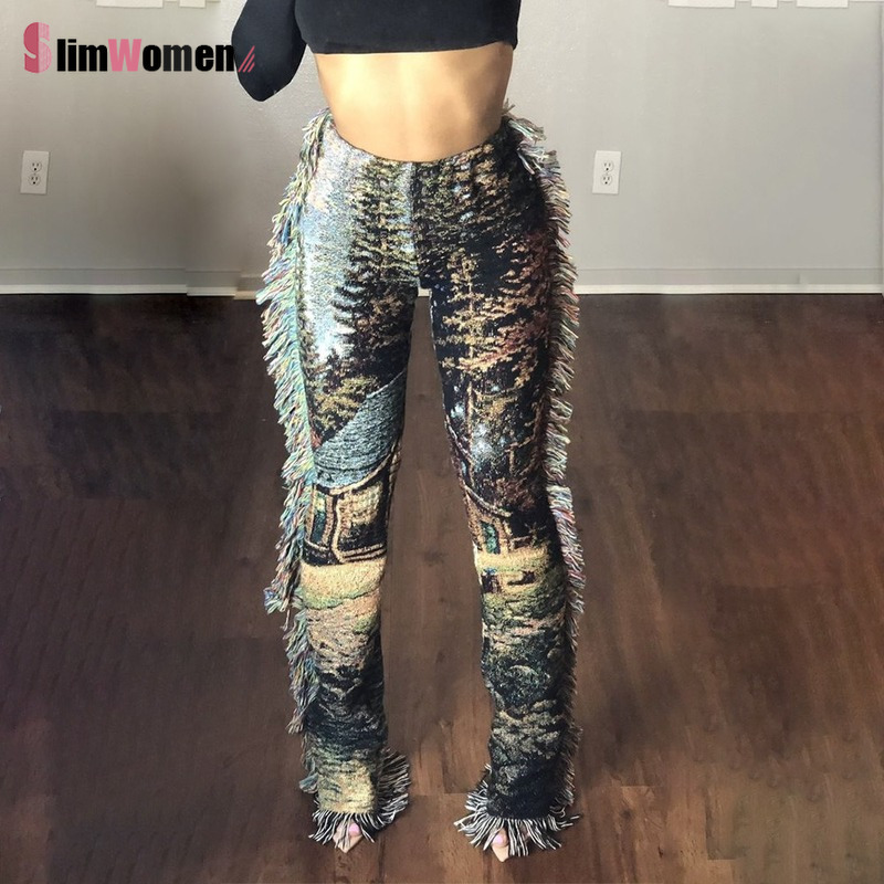 Vintage Side Tassels Patchwork Striped Print Jogger Pant Women Rave Festival Clothing Casual Streetwear Bodycon Sweat Pants 220325