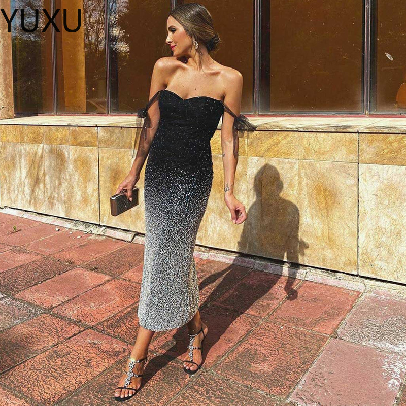 2022 Off Shoulder Crystal Mermaid Prom Dress With Detachable Train Sexy Backless Evening Gown sequined blingbling black sliver dresses