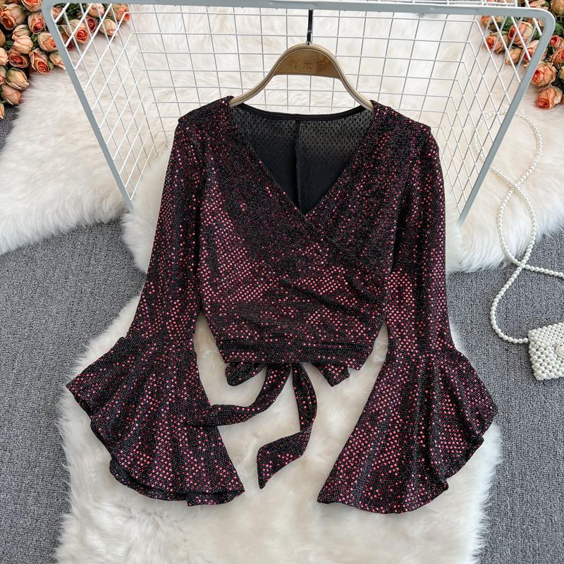 Women's T-Shirt Sexy V-neck Sequin Short Top Women's Spring 2022 Long Sleeve Shiny French Horn Close Waist Lace Up T-shirtWomen's, Black
Women's T-Shirt Sexy V-neck Sequin Short Top Women's Spring 2022 Long Sleeve Shiny French Horn Close Waist Lace Up T-shirtWomen's, Black