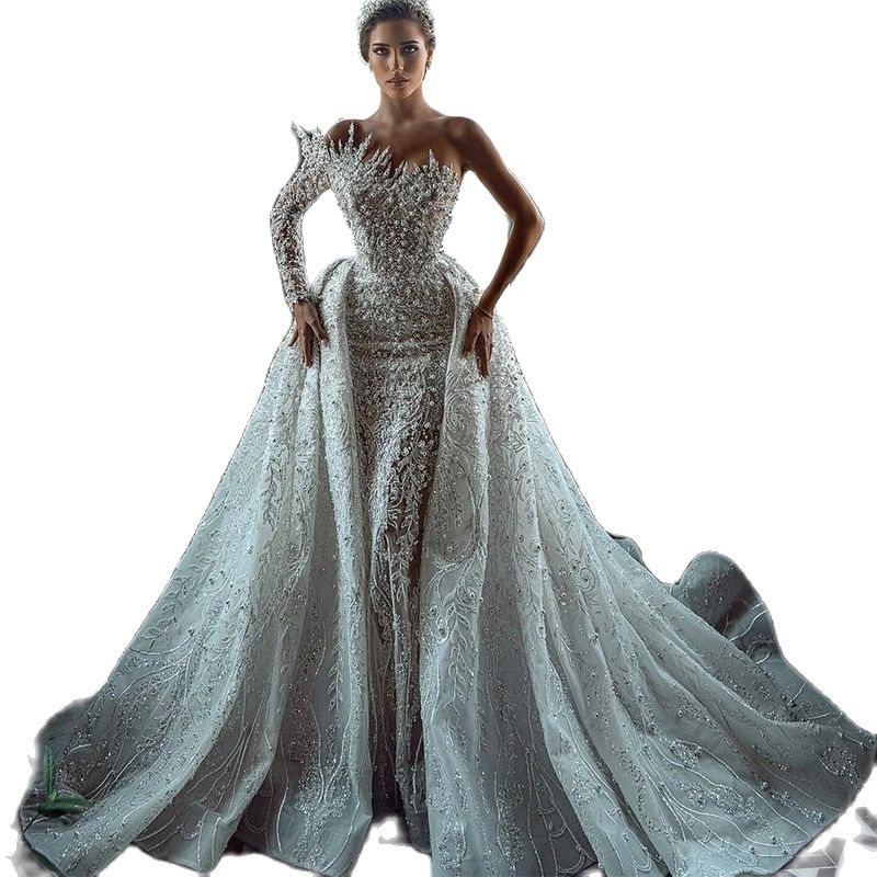 urious Ball Gown Wedding Dresses Strapless One Long Sleeve Bateau Sequins Appliques Detachable Train or Length Bridal Gowns Plus Size robes de soiree