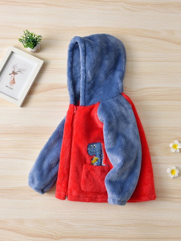 Toddler Boys Dinosaur And Car Embroidery Hooded Flannel Coat SHE