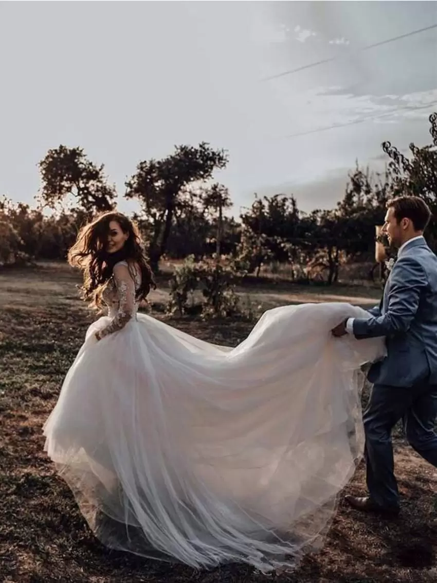 Boho Country Wedding Dresses Bridal Gown Long Sleeves Plus Size Lace Applique Vestido De Novia 401