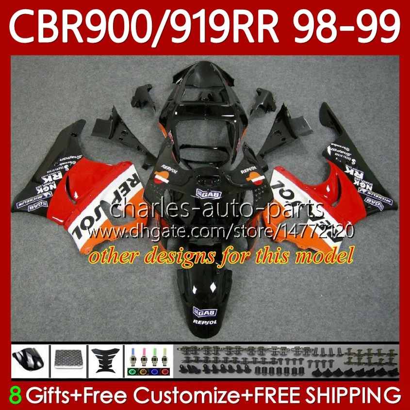 Fairings Kit For HONDA CBR 919RR 900RR 900CC 919CC CBR919 CBR900 RR CBR919RR 98 99 Body 127No.58 CBR 900 919 Red blue RR CC 1998 1999 CBR900RR 1998-19