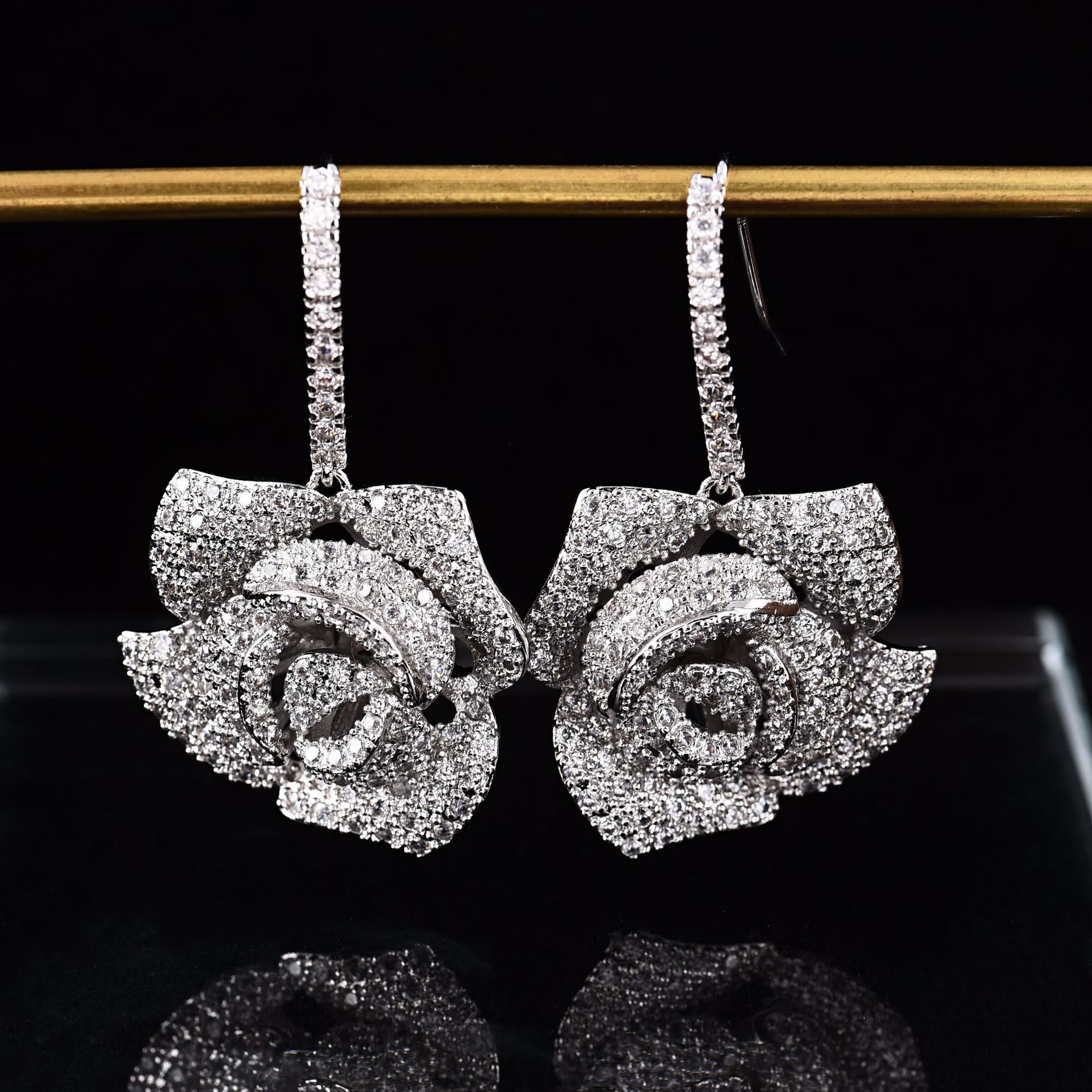 Top Quality Real White Gold Plated Zirconia Rose Flower Dangle Earrings for Women Bridal Wedding Jewelry