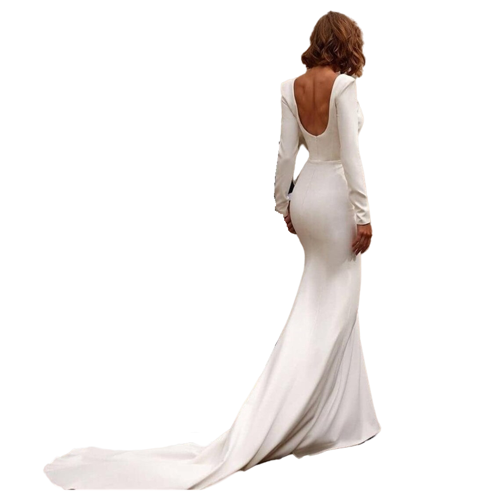 Simple Ivory Satin Trumpet Wedding Dress 2022 Long Sleeves Square Neck Low Back Court Train Bridal Gowns Slim Fit Reception Engagement Robe De Mariee