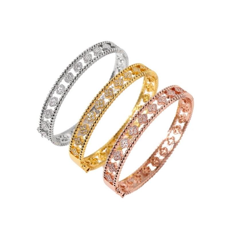 Bangle Cubic Zirconia High Quality Clover Four Flower Hollow Bracelet Copper Gifts Luxury Jewelry For Women Charm BraceletBangleBangle