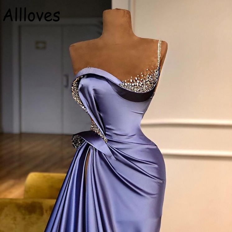 Satin Silk Sparkle Crystals Prom Dresses Elegant Sheer Neck Ruched Beads Mermaid Evening Party Gowns Sexy High Slit Sweep Train Formal Wear Robe De So