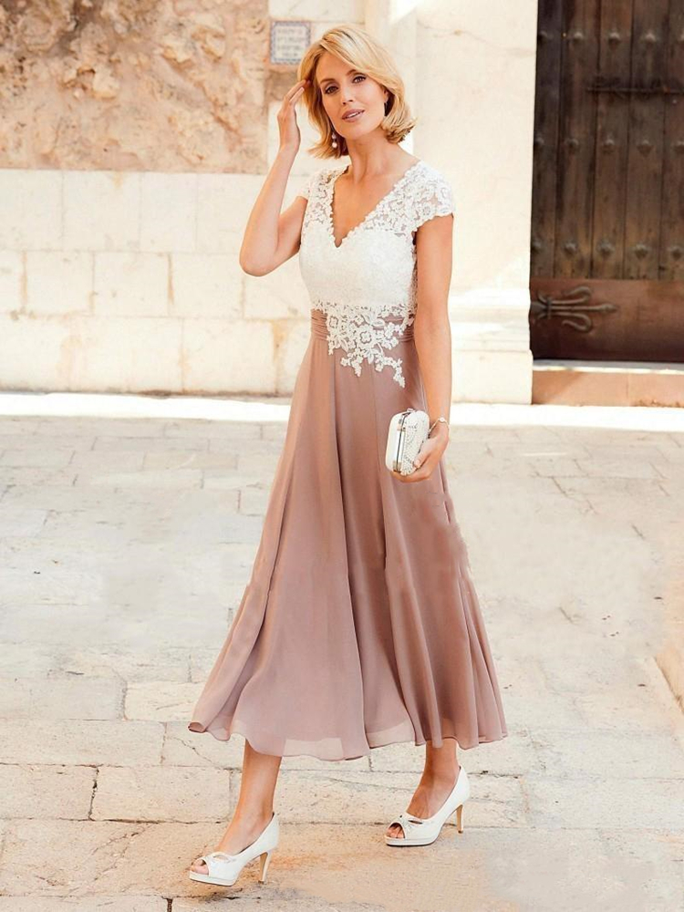 Modern Dusty Pink Outdoor Mother Of The Bride Dresses Top Lace Cap Sleeve V Neck Tea Length Country Groom Mom Dress Keyhole Back Women Wedding Guest P