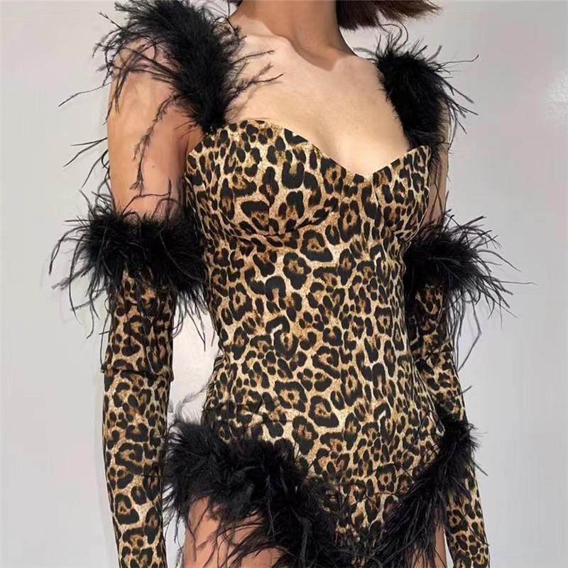 Stage Wear Female Gogo Dance Team Performance Clothes DJ Sexy Leopard Bodysuit Furry Feather Gloves Rave Outfits Bar Pole CostumeStage