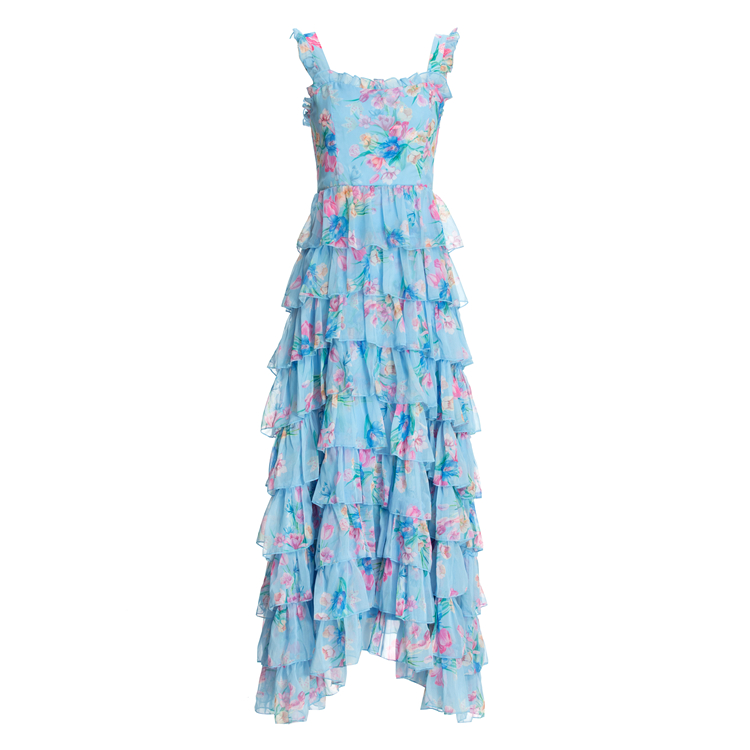 Women's Runway Dresses Spaghetti Straps Printed Tiered Ruffles Fashion Maxi Casual Party Prom Gown