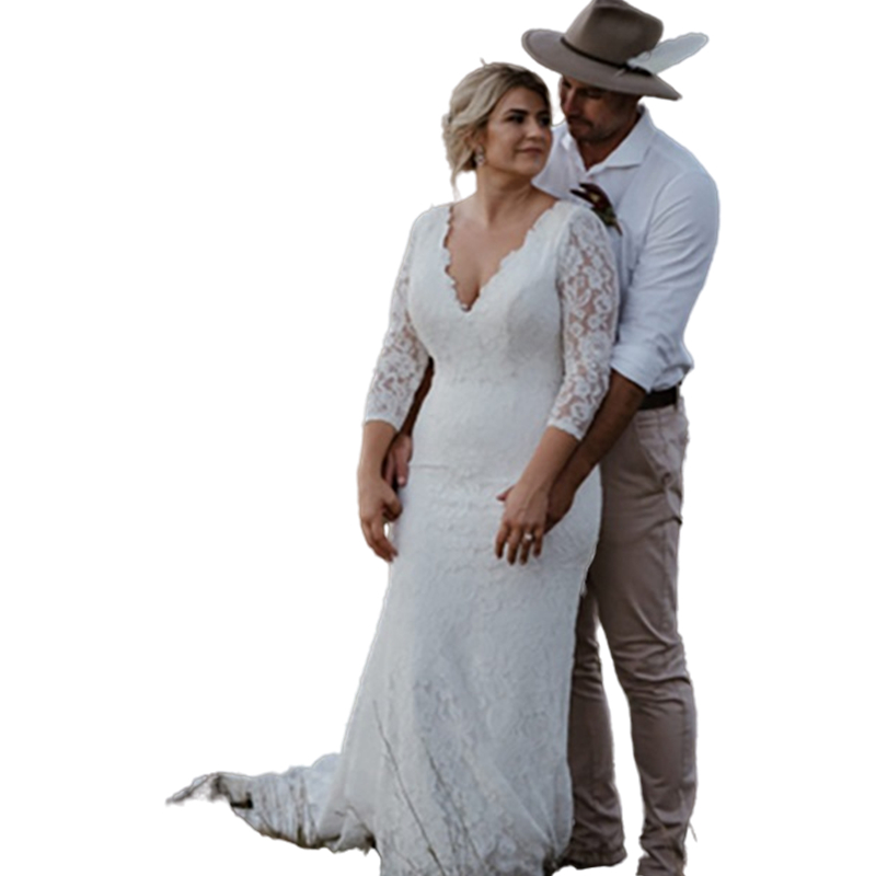 Country Lace Mermaid Wedding Dress Sexy Backless 3/4 Long Sleeve Bridal Gowns V-neck Plus Size Bride Wedding Dresses 2022