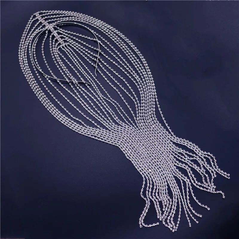 Bridal Headband Rhinestones Long tassel Hair Chain Accessories for Women Crystal Multi Strand Head Chain Hair Jewelry 0615