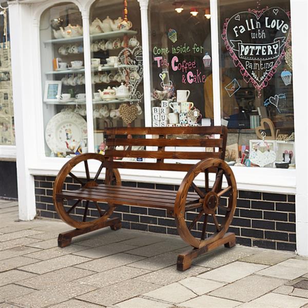 Other Furniture wooden wheelchair Rustic 2-Person Wooden Wagon Wheel Bench with Slatted Seat and Backrest Brown