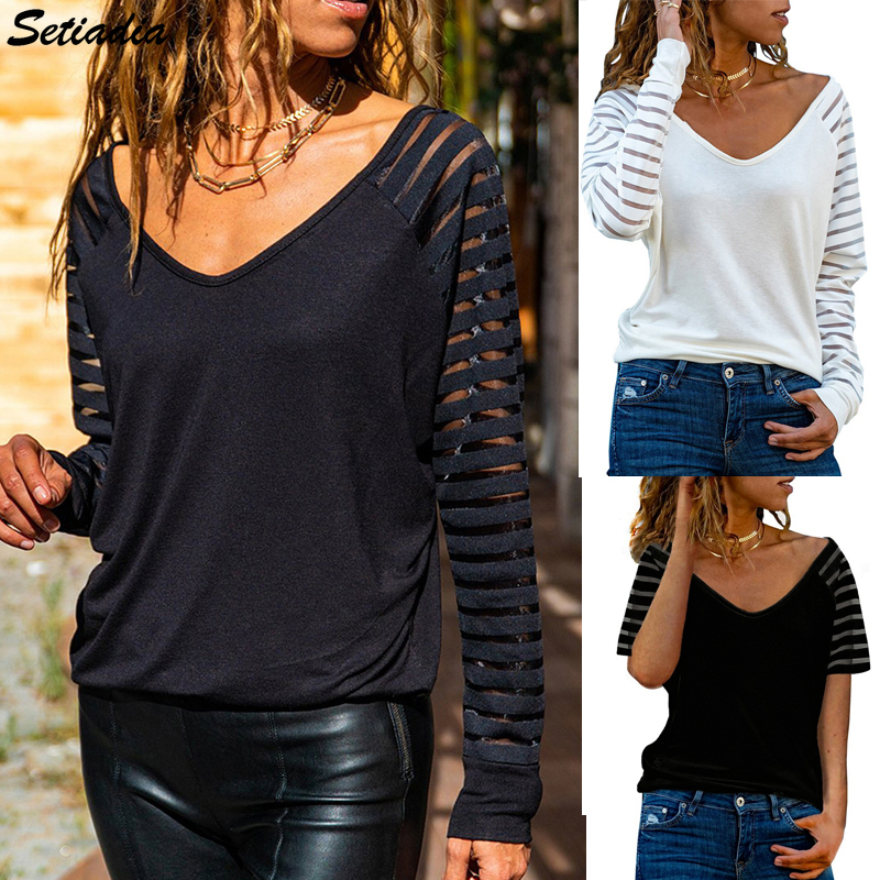 Autumn Woman Tshirts Large Size Solid Color V Neck Hollow Stripes Long Sleeve Loose Aesthetic Women s Fall Clothing 220728