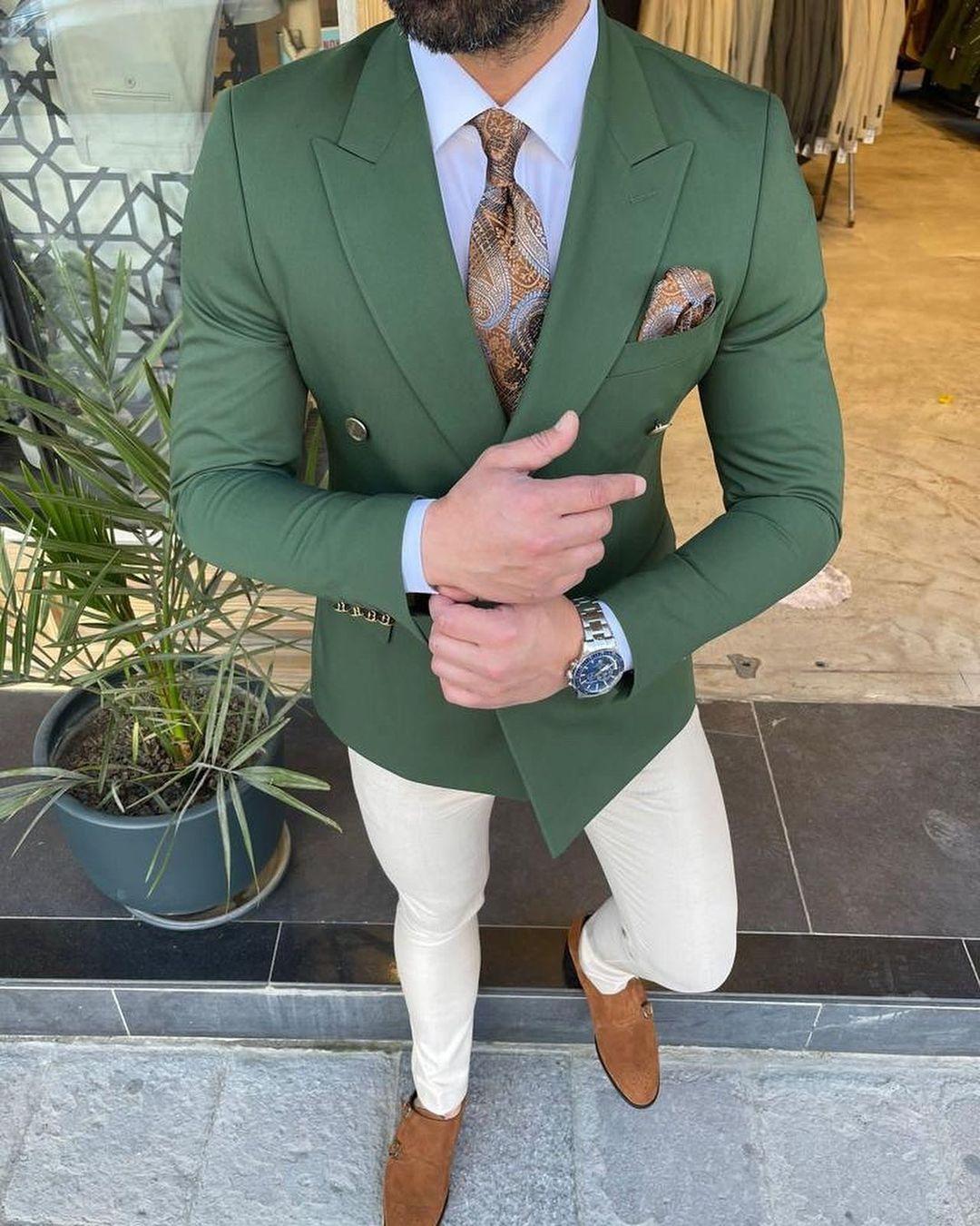 Handsome Dark Green Men Wedding Tuxedos Double Breasted Groom Jacket Suits Party Prom Blazer Clothes Business Wear (Jacket + Pants)