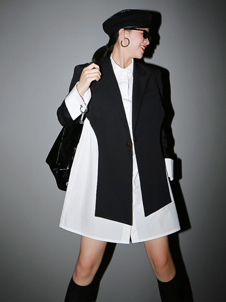 [EAM] Women Black Cross Split Joint Blazer Lapel Long Sleeve Loose Fit Jacket Fashion Spring Autumn 1T447 220402