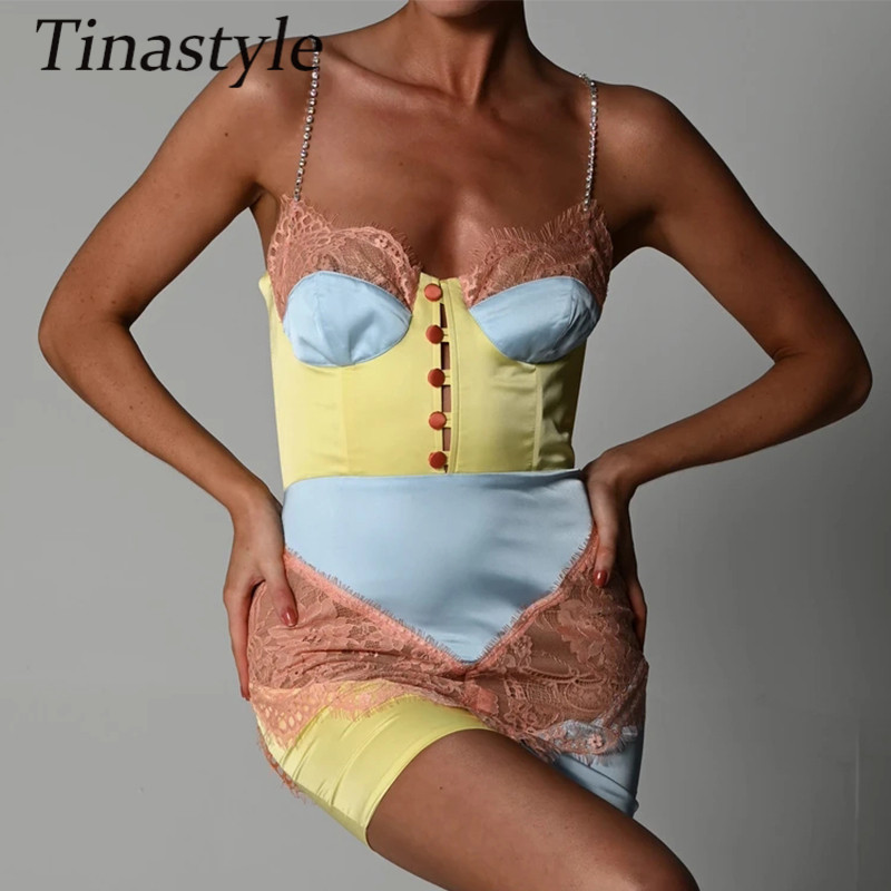 Tinastyle Chains Strap Sexy Satin Dress Women Short Lace Patchwork Bodycon Mini Party Vestidos Y2K Nightclub Streetwear 220613