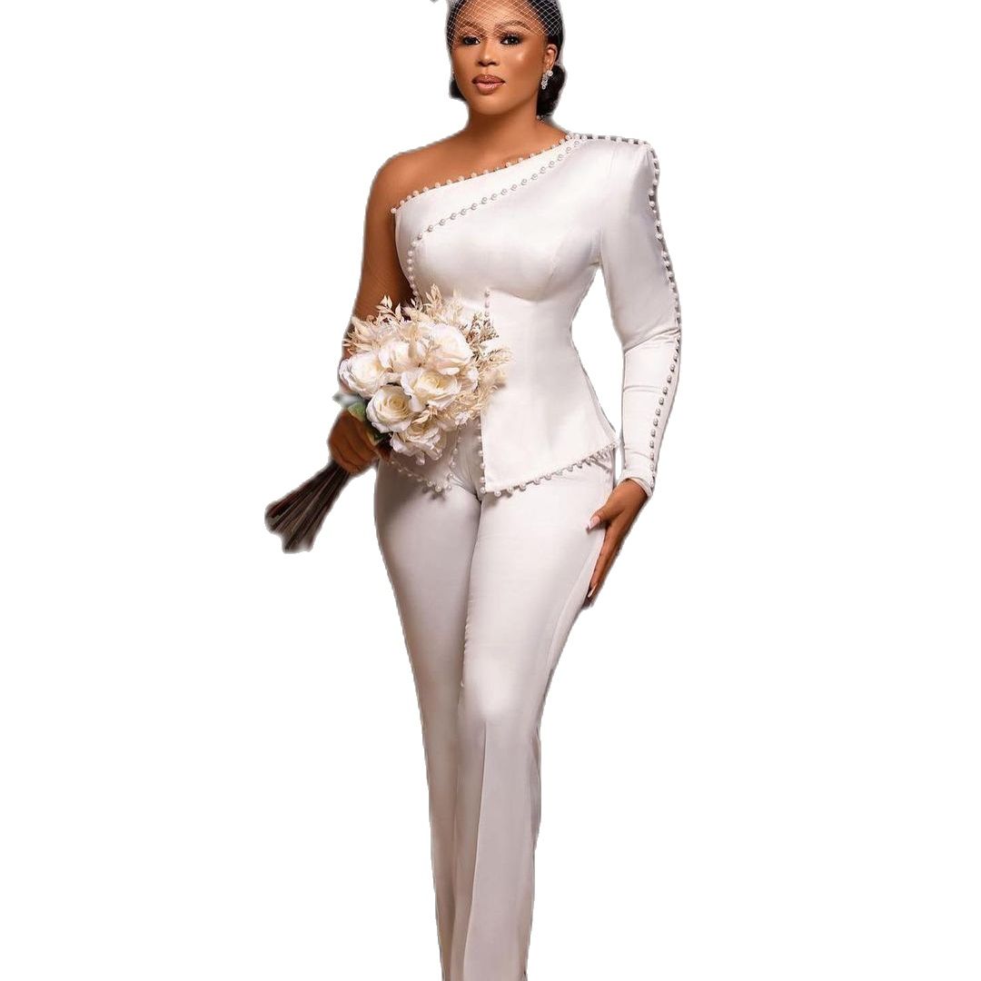 Pearls Beads Satin Mermaid Wedding Dress Suits Plus Size One shoulder Long Sleeve Bridal Gowns Simple Beach Wear robe de mariee