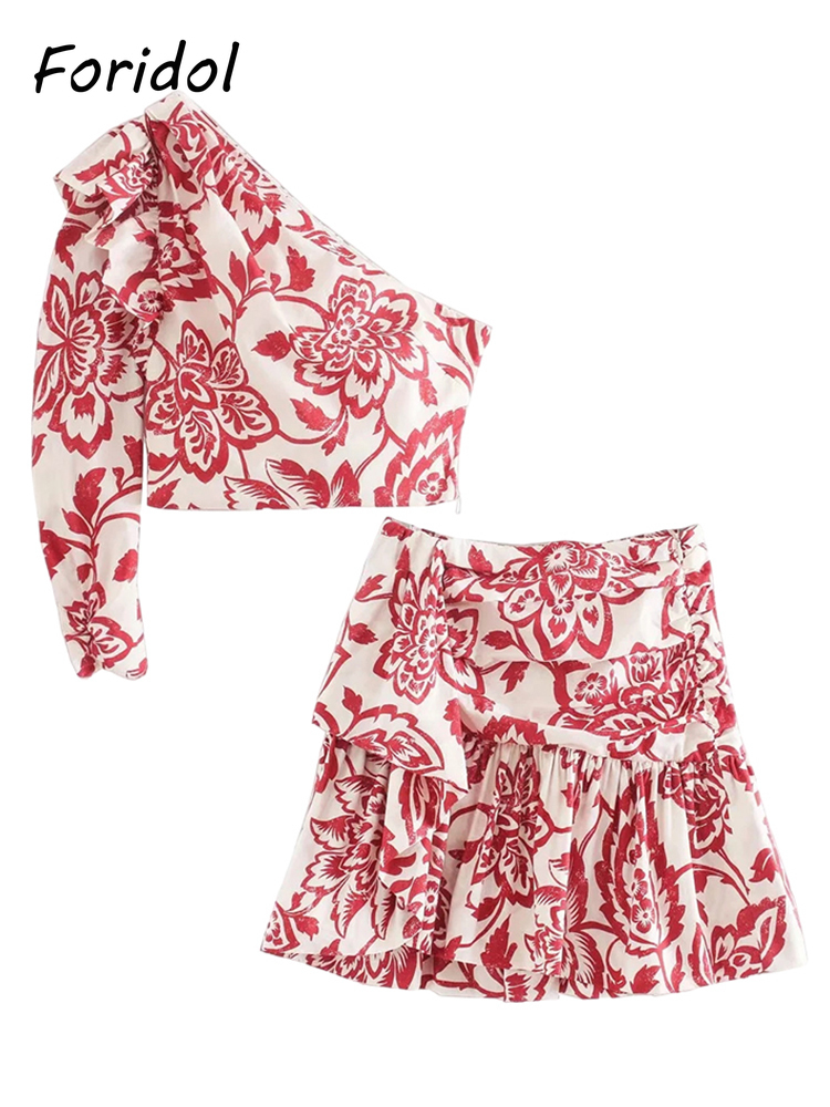 Foridol Floral Print Vintage Dress Sets Women Summer Crop Top Skirt Two Pieces Suit One Shoulder Boho Clothing Matching Set 220511