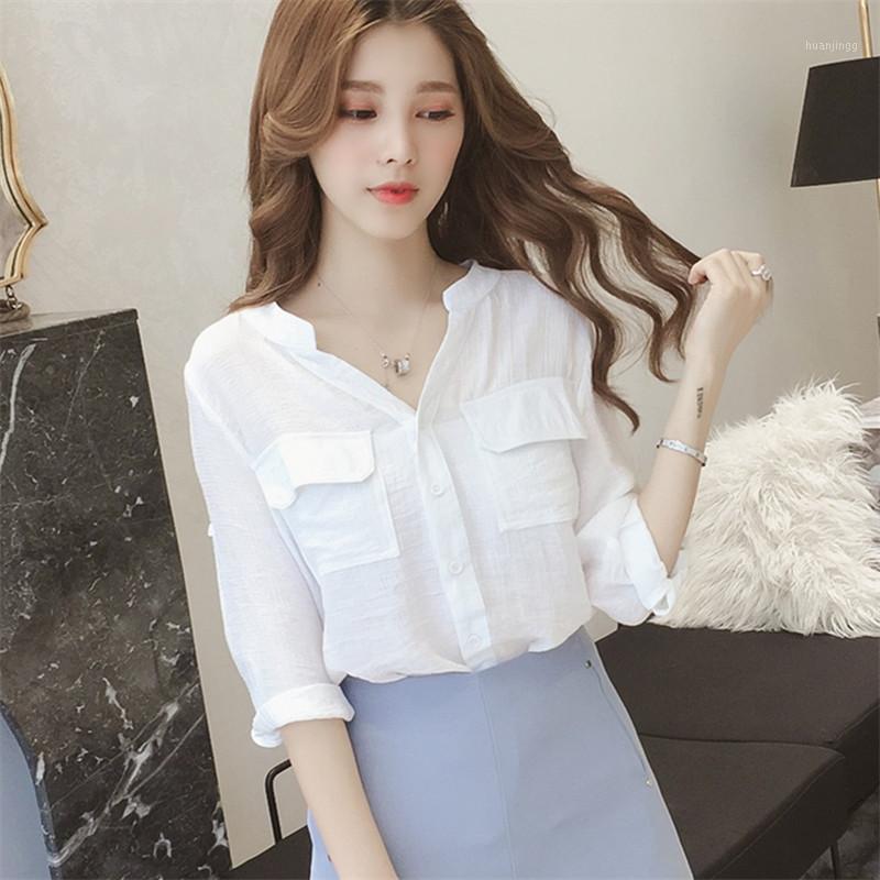 Spring Korean Loose Blouse Shirts Women Fashion V Neck Three Quarter Pockets Patchwork Female Elegant Chic Blusas Women' Blouses, White
Spring Korean Loose Blouse Shirts Women Fashion V Neck Three Quarter Pockets Patchwork Female Elegant Chic Blusas Women' Blouses, White