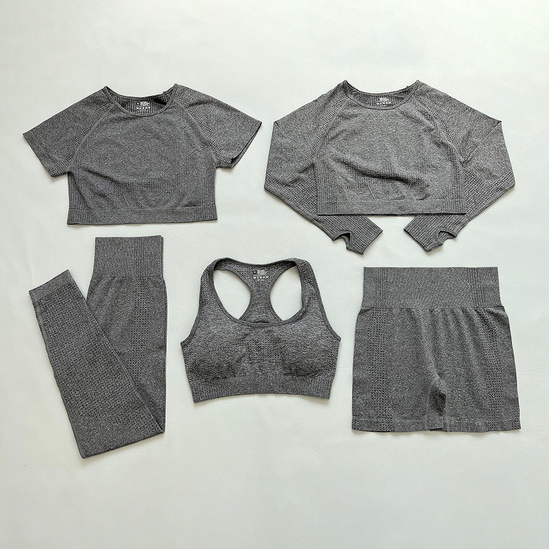 2 5 PCS Seamless Women Yoga Set Workout Sportswear Gym Clothing Fitness Long Sleeve Crop Top High Waist Leggings Sports Suits 220810